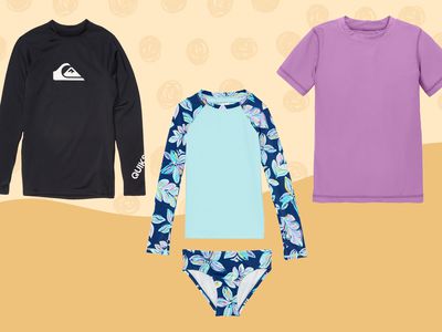 Rash guards we recommend displayed on a two-tone beige background