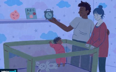 illustration of parents standing over baby's crib, dad is holding a clock