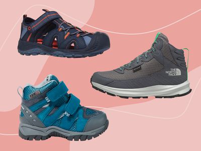 Kids hiking shoes we recommend on a pink background