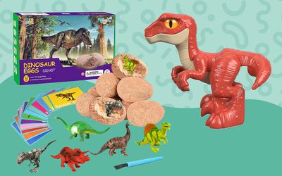 Best dinosaur toys collaged against colorful green background