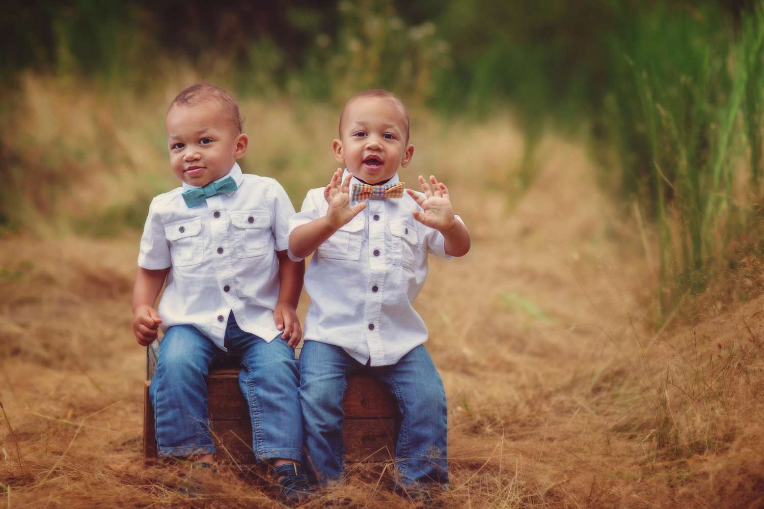 Twin toddlers in matching outfits sitting on a box in a field