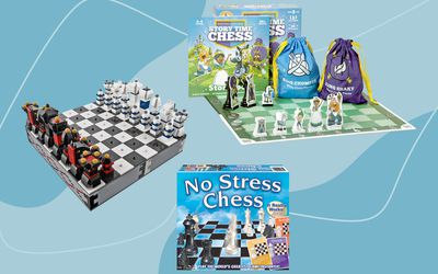 Three kids chess sets we recommend on a blue background