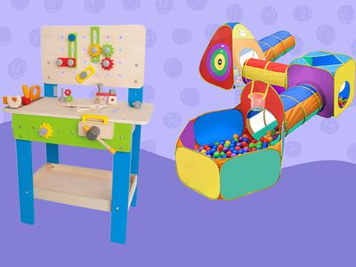 Best toys for 3-year-olds collaged against colorful purple background