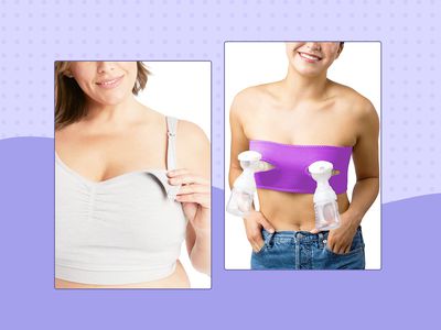 Models wearing pumping bras we recommend collaged against a purple patterned background