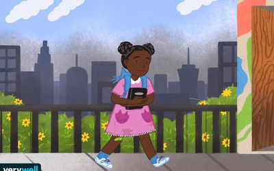 drawing of little girl walking to school with smog in the background