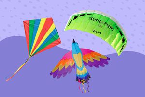 Collage of kites we recommend on a purple background