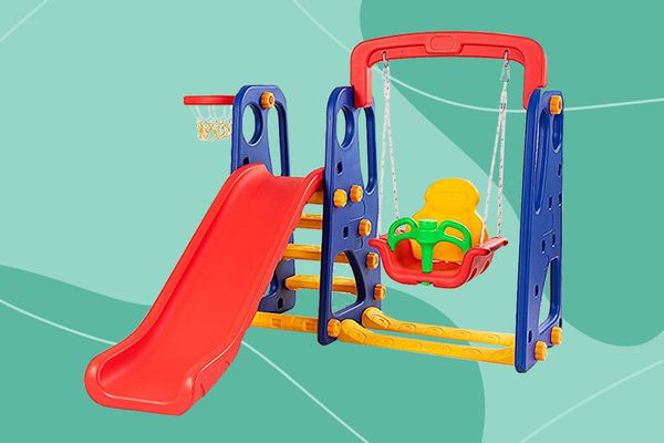 Collage of the Costzon Toddler 4-in-1 Swing and Slide Set on a green background