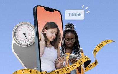 Photo illustration showing two teenagers looking at their phones surrounded by a weight scale and a tape measure