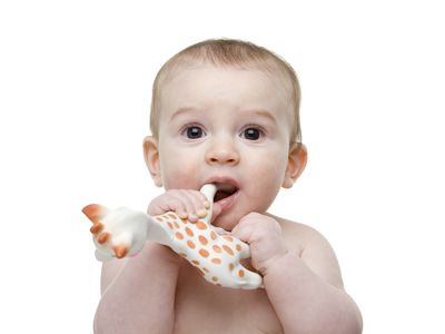 Baby mouthing a toy giraffe