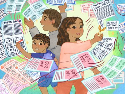 Illustration of a family surrounded by coupons