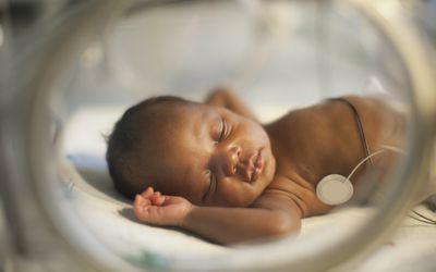 Newborn baby sleeping in incubator