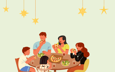 Illustration of family eating dinner at a table