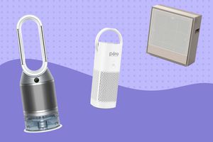 Collage of air purifiers we recommend on a purple background