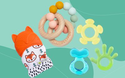 Collage of baby teethers we recommend on a green background