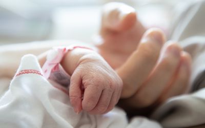 Pre-term baby's hand holds finger of an adult