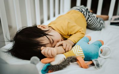吮吸拇指的幼童睡在婴儿床旁的毛绒玩具