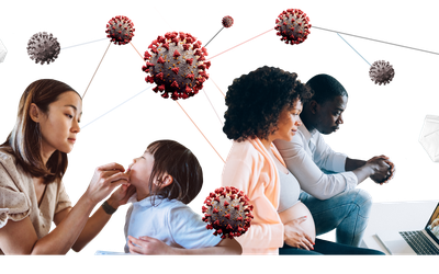 Photo composite showing COVID-19 molecules, masks, a woman testing a child, and a pregnant person in a telehealth consultation
