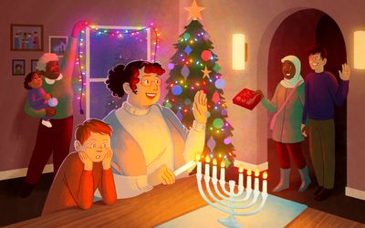 An illustration with people celebrating different religious winter holidays