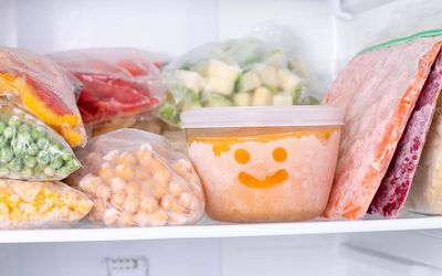 冰箱里的冷冻食品。冷冻蔬菜，汤，即食食品