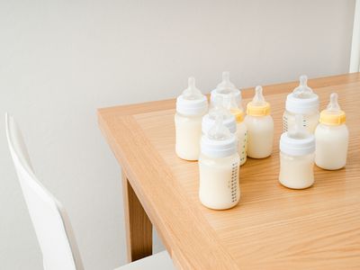Bottles of breast milk on a table