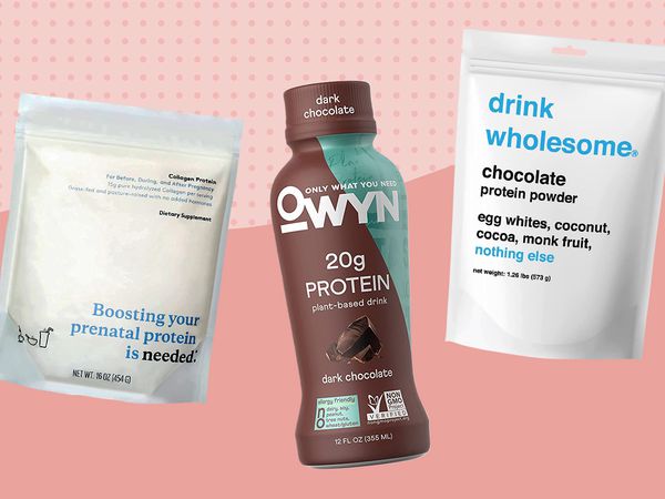 Assortment of pregnancy safe protein powders we recommend displayed on a two-tone pink patterned background