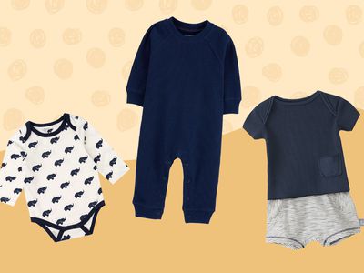 Baby clothes from the best places to buy baby clothes collaged against a patterned yellow background