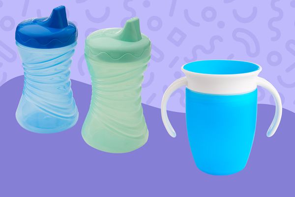 Collage of sippy cups we recommend on a purple background