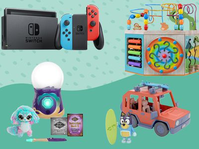 A collage of cyber week toy deals we recommend on a colorful background