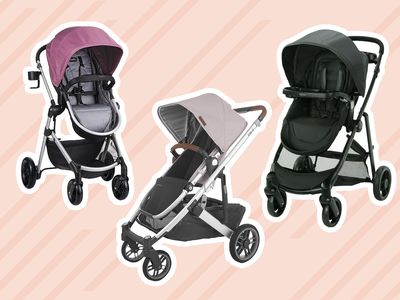 Collage of reversible strollers we recommend on an orange background