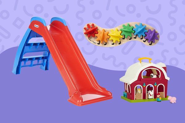 Collage of three of the Best Toys for 18-Month-Olds on a purple patterned background