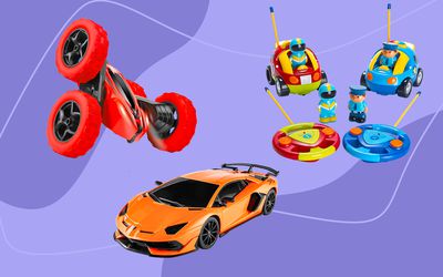 Collage of remote control cars we recommend on a purple background