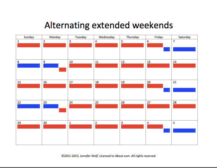 交替延长的周末育儿时间日历