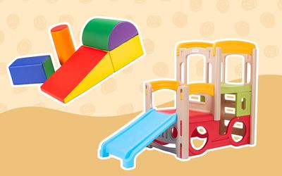 Collage of climbing toys we recommend for toddlers on a yellow background