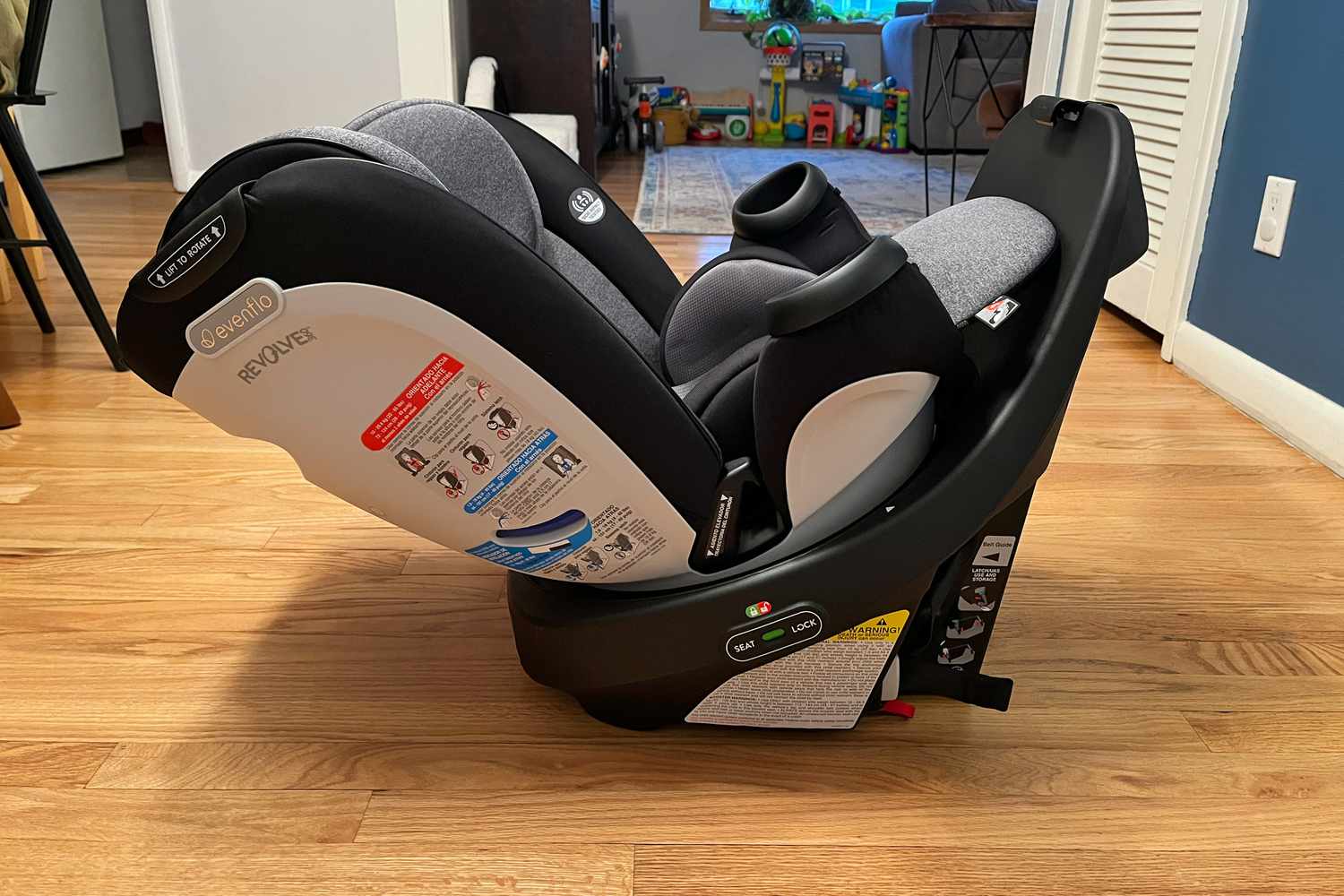 The Evenflo Gold Revolve360 Rotational All-In-One Convertible Car Seat rotated to face the opposite way