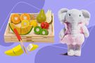 Melissa & Doug Cutting Fruit Set and The Elephant Project Kiki doll on a purple background