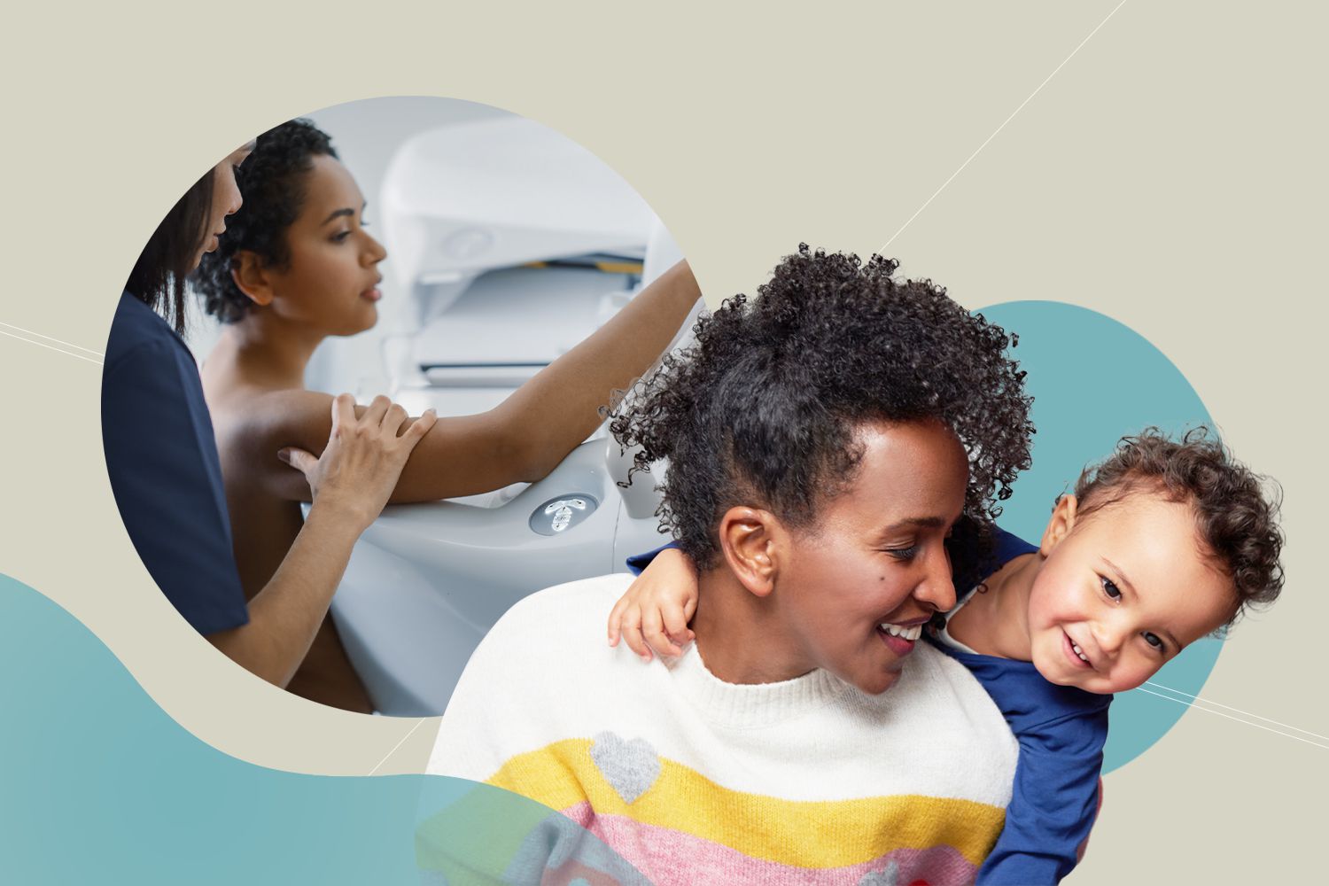 A person getting a mammogram and a person smiling with a child