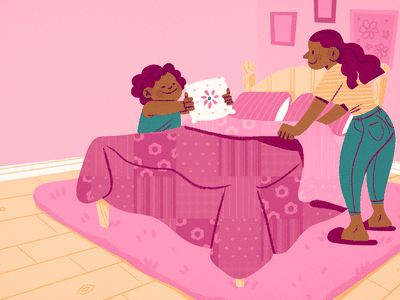 Illustration of a mother and child making a bed