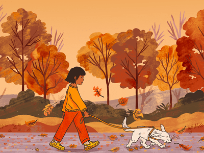 Illustration of child walking dog