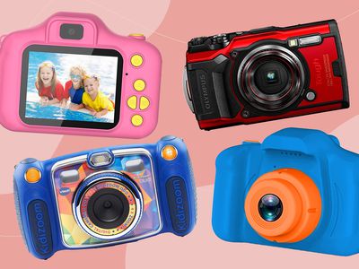Collage of cameras we recommend for kids on a pink background