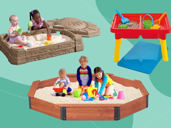 Three backyard sandboxes with covers we recommend displayed on a two-tone blue patterned background