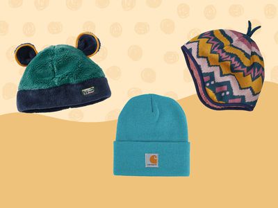 Collage of winter hats we recommend for kids on a yellow background