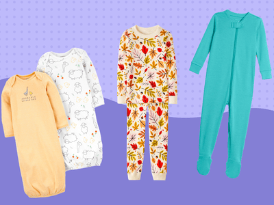 A variety of kids' pajamas on a purple background