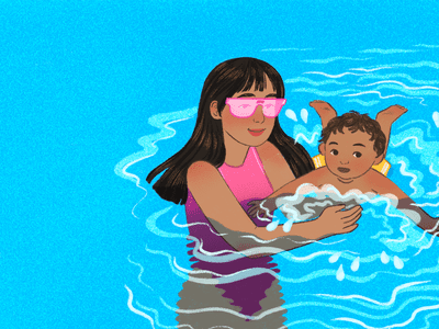 Illustration of a mother holding her child in water