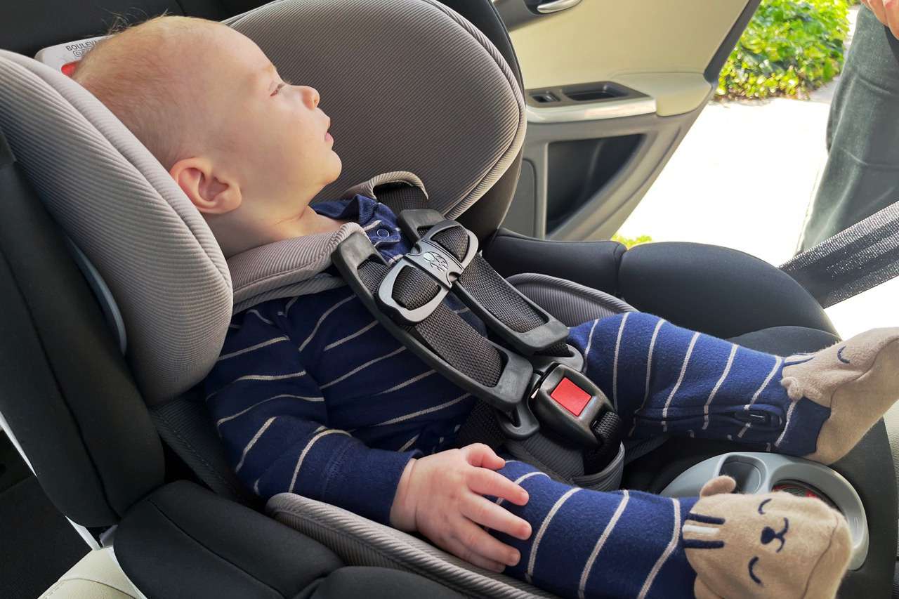 Child buckled into the Britax Boulevard ClickTight Convertible Car Seat