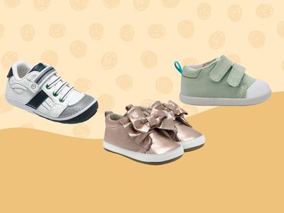 Assortment of baby walking shoes we recommend displayed on a two-tone beige patterned background