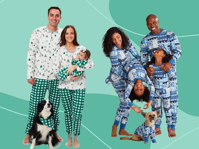 Collage of families wearing family holiday PJS we recommend on a colorful green background