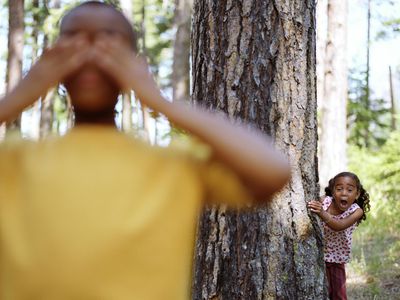 Kids playing hide-and-seek in a forest