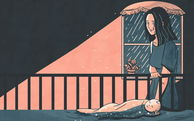插画:悲伤的母亲站在婴儿床上看着她的婴儿